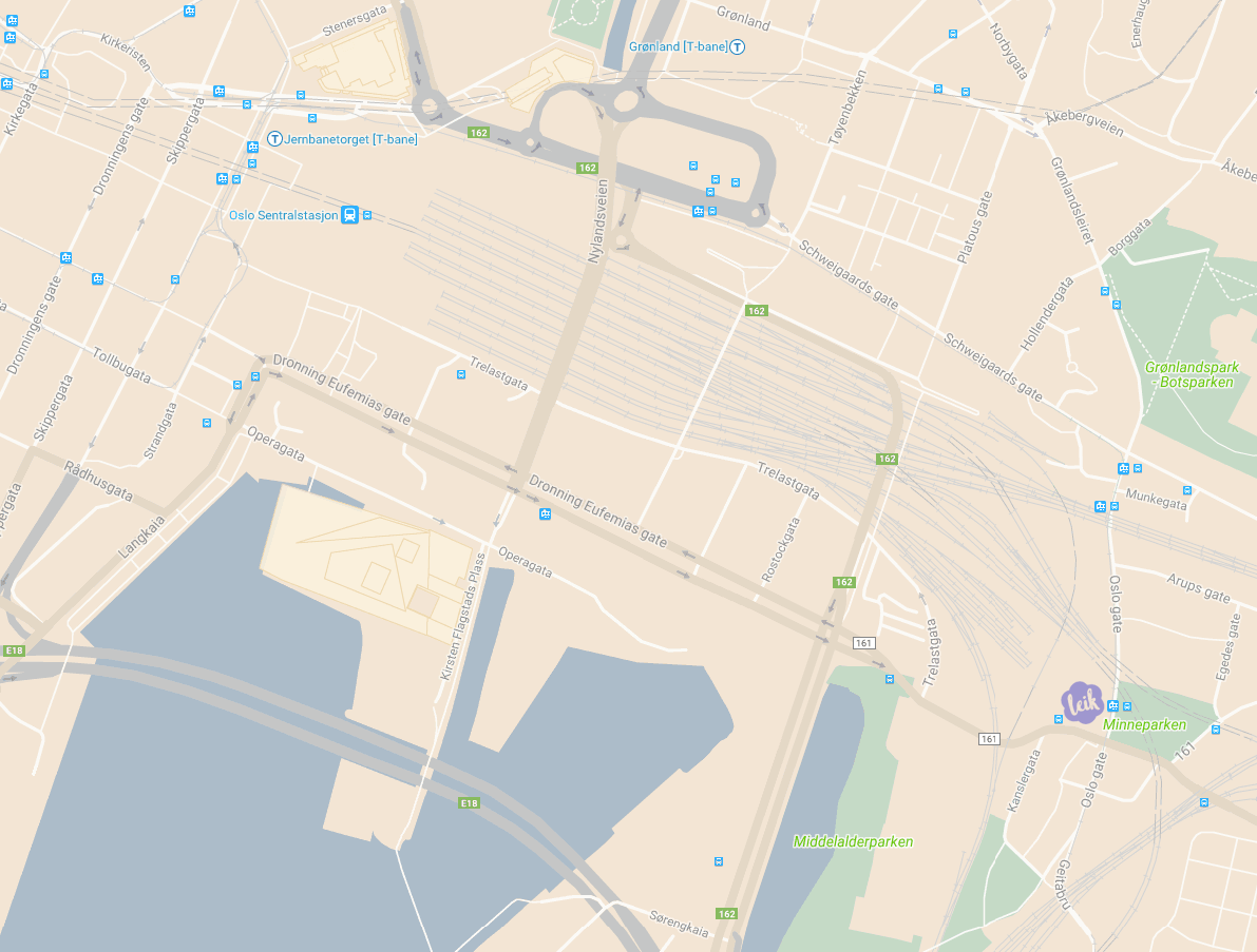 kart over Oslo frå Jernebanetorget til Ladegården